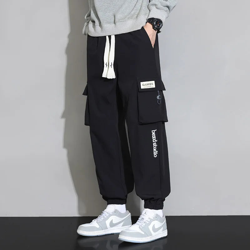 Plain Color Drawstring Knee Cargo Pocket Pants Black, XS - Streetwear Pants - Slick Street