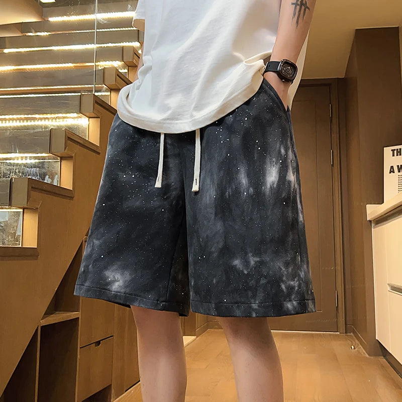 Tie-Dye Denim Texture Knee Length Shorts Blue, XS - Streetwear Shorts - Slick Street