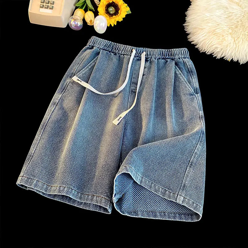 Rock Color Gothic Washed Drawstring Shorts Blue, XS - Streetwear Shorts - Slick Street