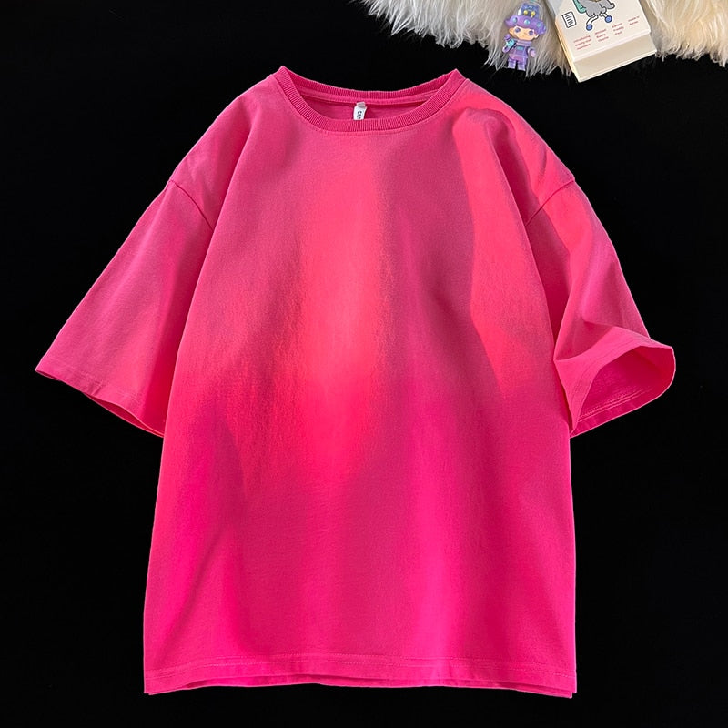 Gradient Washed Color Short Sleeves T-Shirt Pink, M - Streetwear T-Shirt - Slick Street