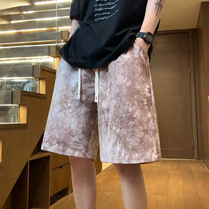 Tie-Dye Denim Texture Knee Length Shorts Brown, XS - Streetwear Shorts - Slick Street