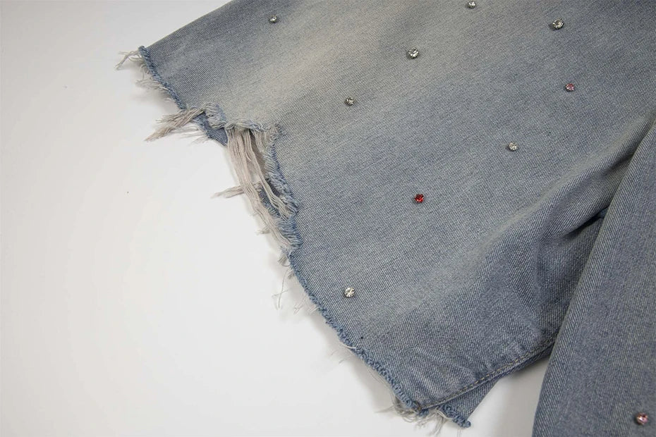 Rhinestone Denim Ripped Shorts , - Streetwear Shorts - Slick Street