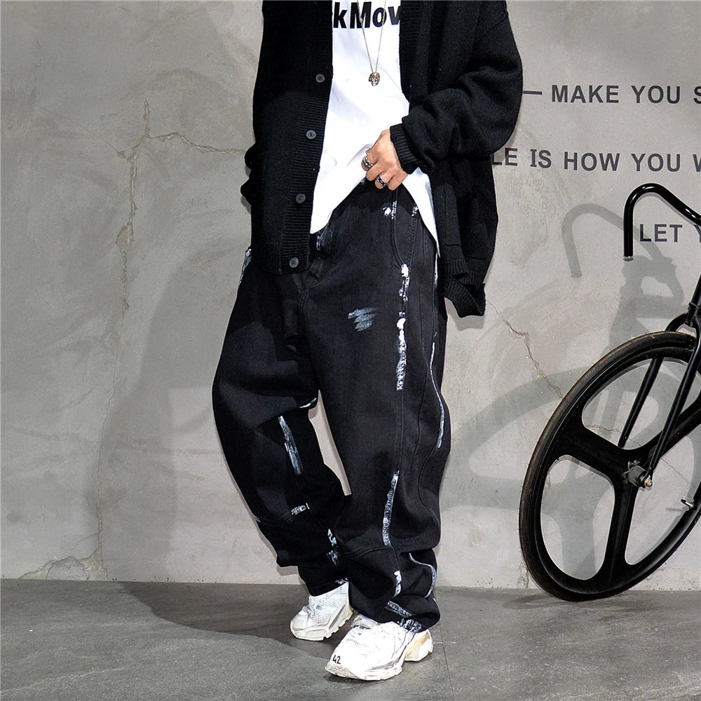 Ebony Black Splash Paint Style Pants , - Streetwear Pants - Slick Street
