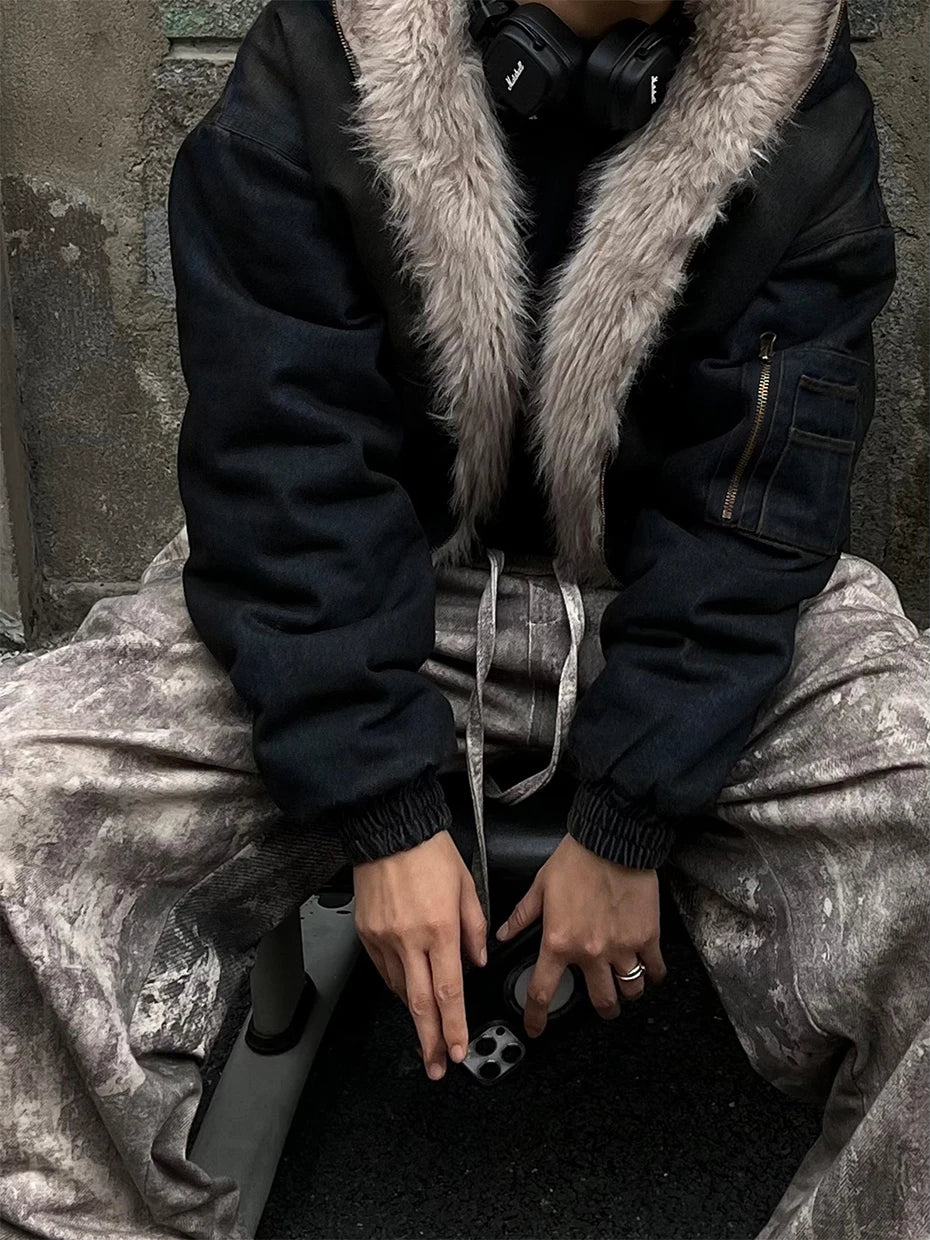 Coal Black Washed Fur Hooded Jacket , - Streetwear Jacket - Slick Street