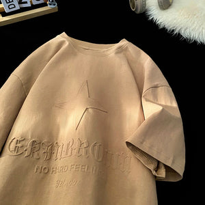 No Hard Feelings Star Polygons Embossed T-shirt Khaki, XS - Streetwear T-Shirts - Slick Street