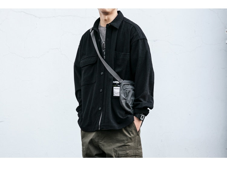 Corduroy Waffle Plaid Semi Collar Overshirt ,  - Streetwear Tops - Slick Street