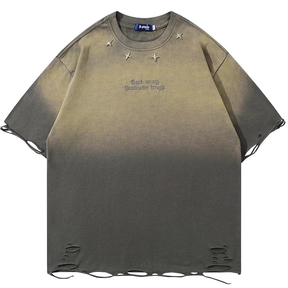 Tie-Die Metal Star Ripped T-Shirt Gray, S - Streetwear T-Shirt - Slick Street
