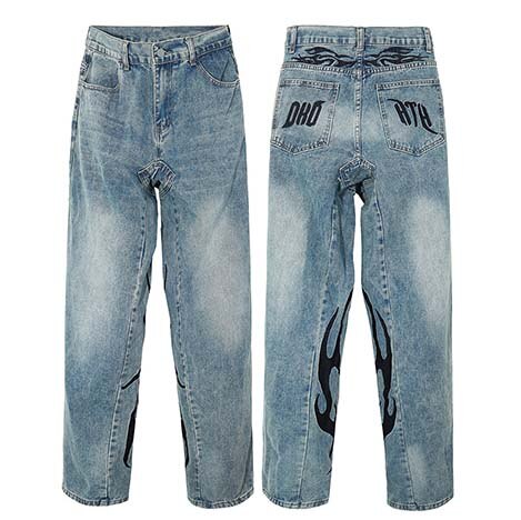 HTH Flame Embroidery Blue Denim Pants