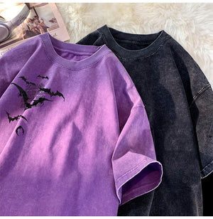 Flying Bat Graphic Gothic Washed Corduroy T-Shirt ,  - Streetwear T-Shirt - Slick Street