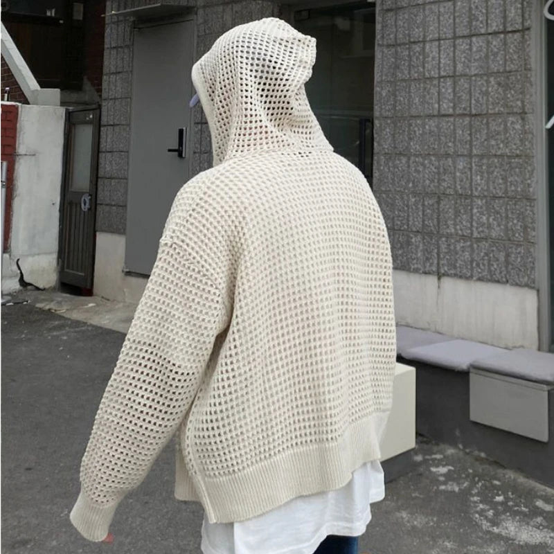Hollow Knitted Cardigan Long Sleeve Hooded ,  - Streetwear Hoodie - Slick Street