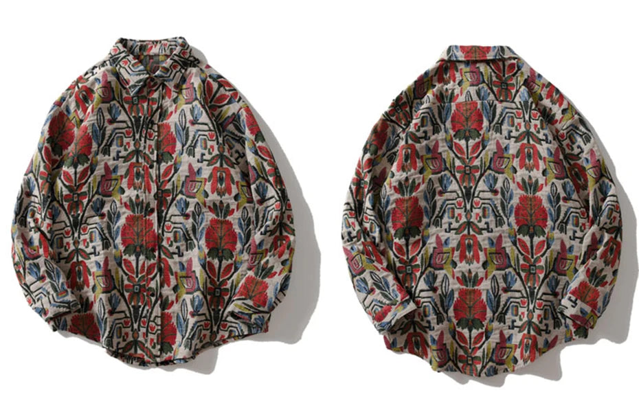 Aztec Floral Art Button-Up Shirt , - Streetwear Shirt - Slick Street