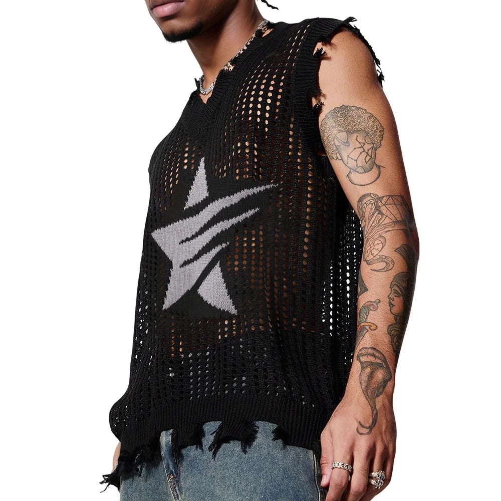 Solid Star Knitted Ripped Vest , - Streetwear Vest - Slick Street