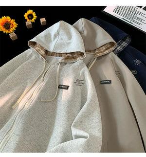 Plain Color Zip-up Loose Hoodie , - Streetwear Hoodie - Slick Street