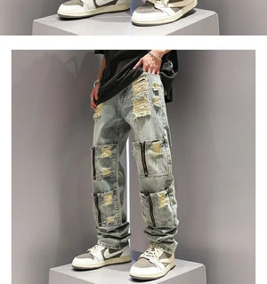 SK5 Multi Zipper Ripped Jeans ,  - Streetwear Pants - Slick Street