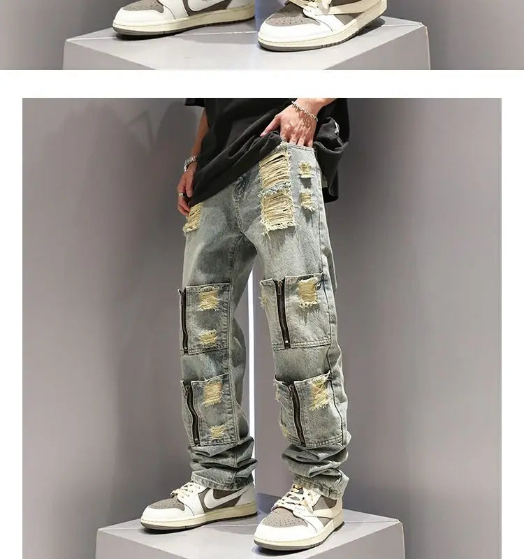 SK5 Multi Zipper Ripped Jeans ,  - Streetwear Pants - Slick Street