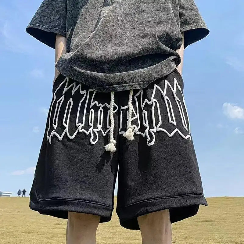 Drawstring Letter Printing Casual Loose Shorts Black, XS - Streetwear Shorts - Slick Street