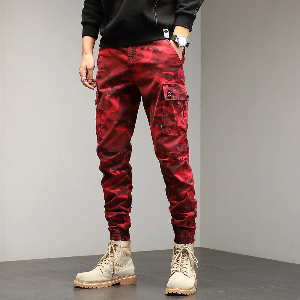 Drawstring Combat Military Cargo Pants Red, 28 - Streetwear Pants - Slick Street