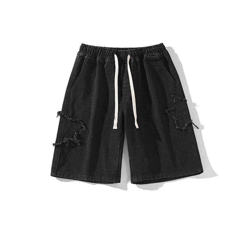 Denim Star Patch Drawstring Shorts Black, XS - Streetwear Shorts - Slick Street