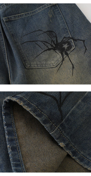 Nodok Spider Cobweb Blue Jean Shorts , - Streetwear Shorts - Slick Street