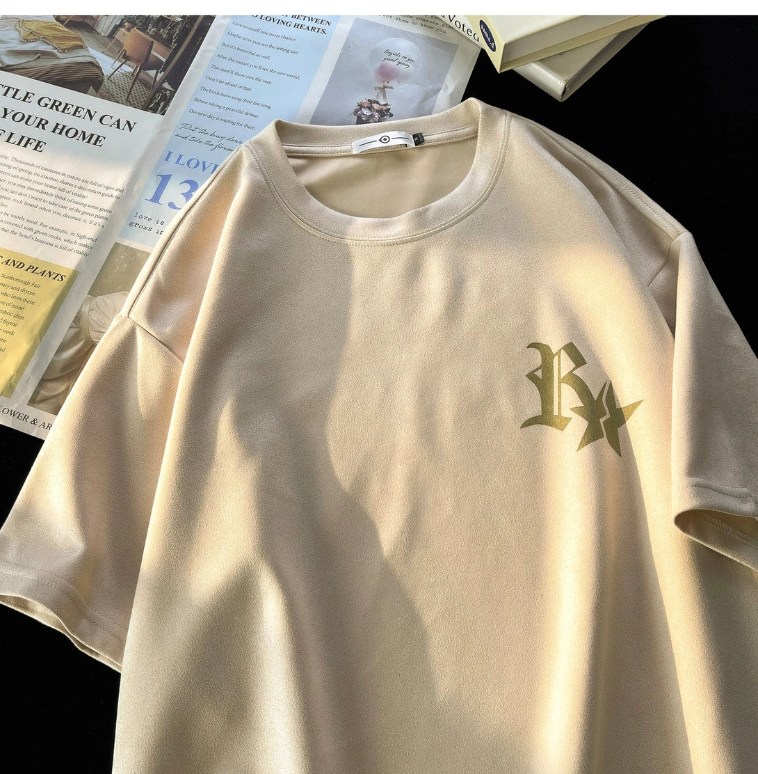 Elegant Capital R With Star Embossed T-Shirt Beige, XXS - Streetwear T-Shirt - Slick Street