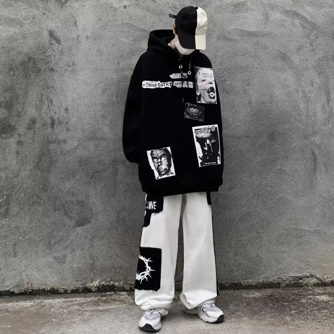 AM Black Hole Patchwork Straight Leg Pants ,  - Streetwear Pants - Slick Street