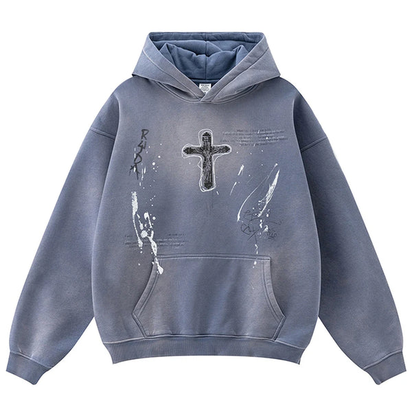 Crucifix Cross Graphic Pullover Hoodie Blue, S - Streetwear Hoodie - Slick Street