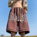 Drawstring Letter Printing Casual Loose Shorts Brown, XS - Streetwear Shorts - Slick Street