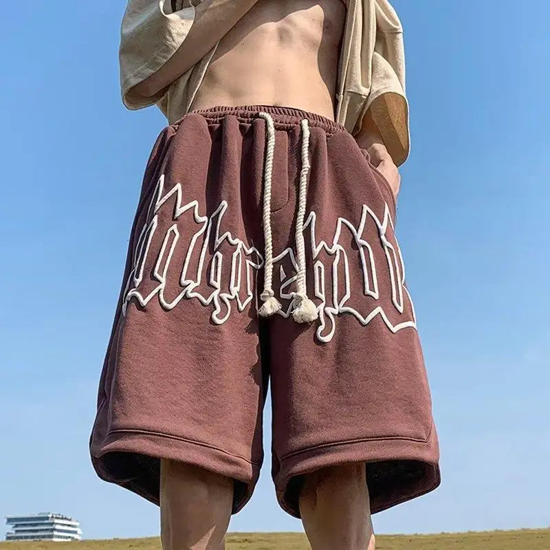 Drawstring Letter Printing Casual Loose Shorts Brown, XS - Streetwear Shorts - Slick Street