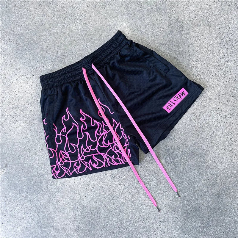 Hot Rod Fire Flame Pattern Shorts Navy Pink, XXXL - Streetwear Shorts - Slick Street