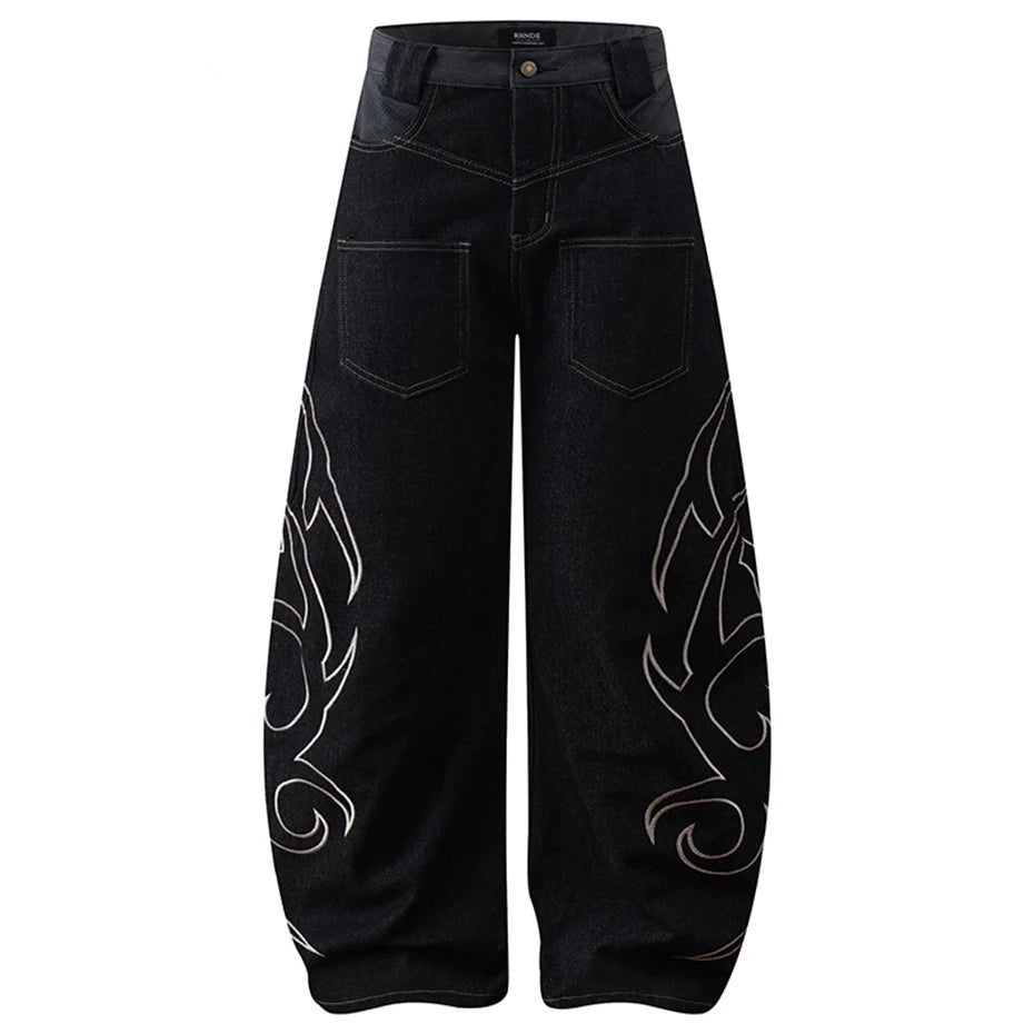 Embroidery 'Arch' Baggy Jeans black, S - Streetwear Jeans - Slick Street