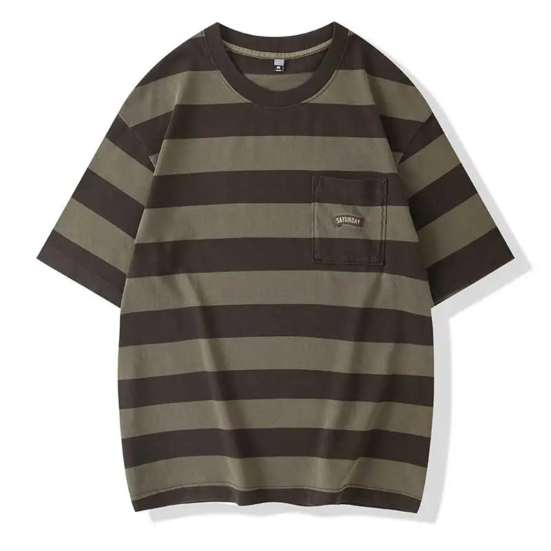 Saturday Striped Cotton T-Shirt Brown, XS - Streetwear T-Shirt - Slick Street