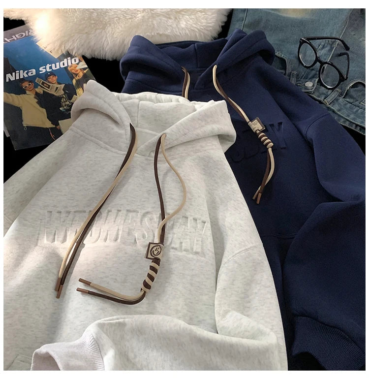 Drawstring Wednesday Embossed Letters Hoodie ,  - Streetwear Hoodie - Slick Street