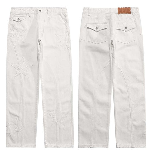 Stars Embroidery Denim Pants S, White - Streetwear Pants - Slick Street
