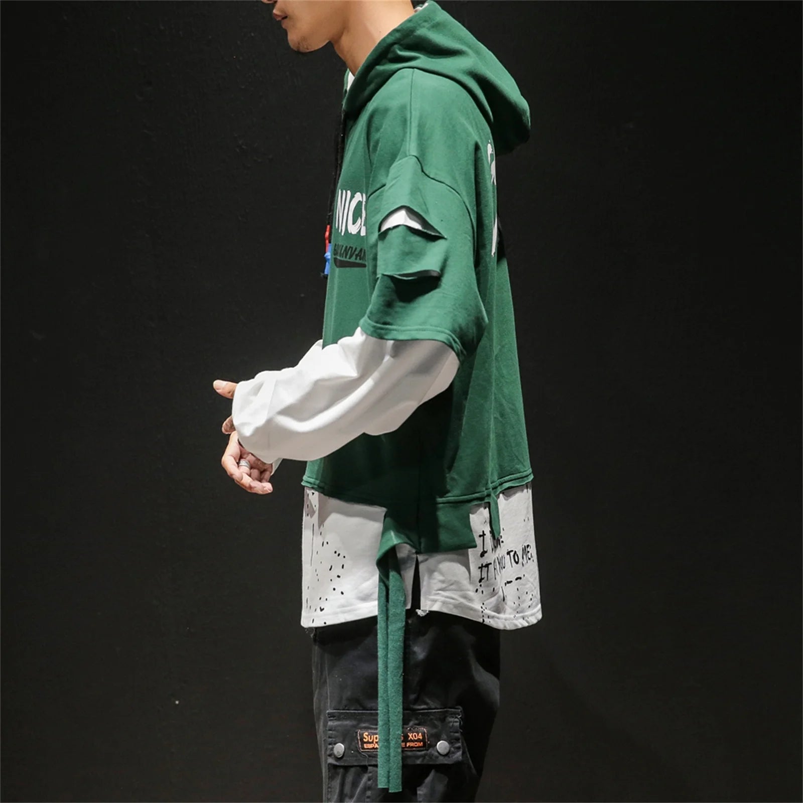 Two Tone Double Layer Style Ripped Hoodie ,  - Streetwear Hoodie - Slick Street