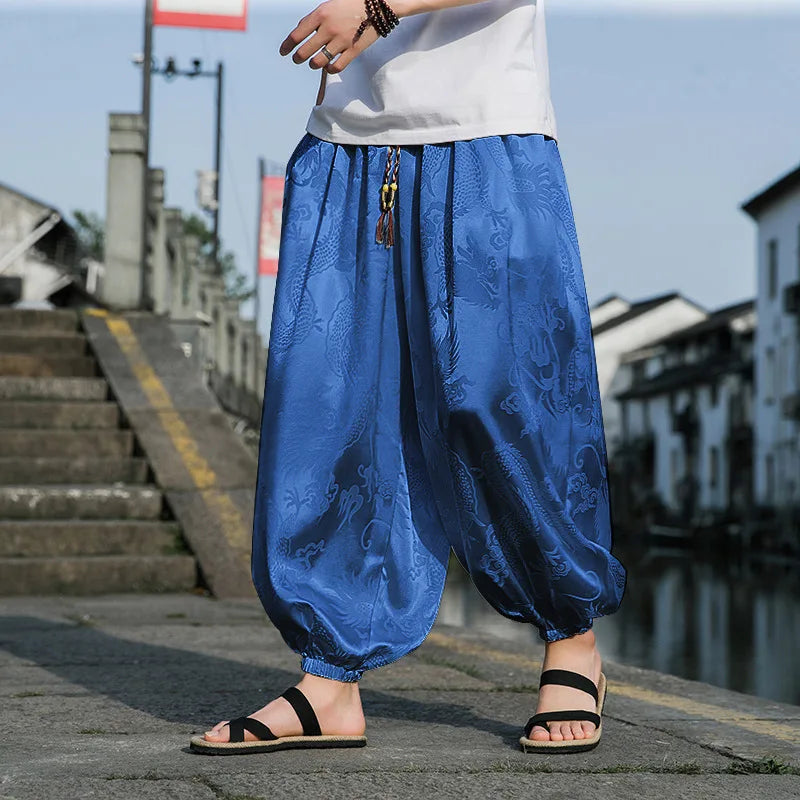 Dragon With Flower Theme Pants Blue, L - Streetwear Pants - Slick Street