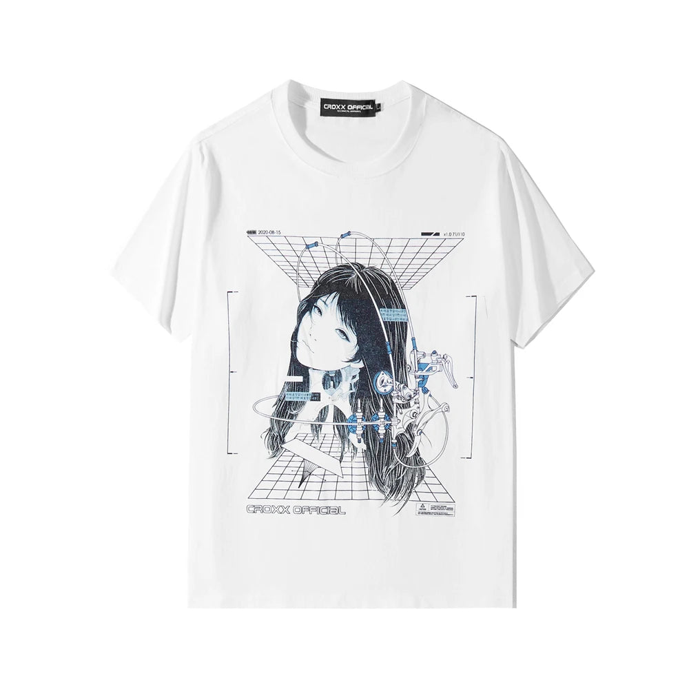 Streetwear Robotic Anime Girl Loose T-Shirt White, M - Streetwear T-Shirt - Slick Street