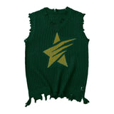 Solid Star Knitted Ripped Vest Green, S - Streetwear Vest - Slick Street