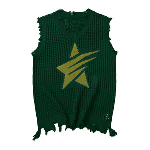 Solid Star Knitted Ripped Vest Green, S - Streetwear Vest - Slick Street
