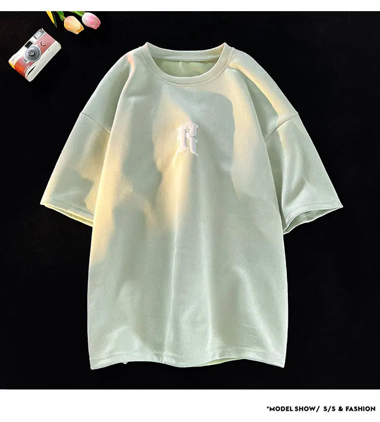 Letter R Foaming Embroidery Loose T-Shirt , - Streetwear T-Shirts - Slick Street