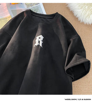 Letter R Foaming Embroidery Loose T-Shirt , - Streetwear T-Shirts - Slick Street