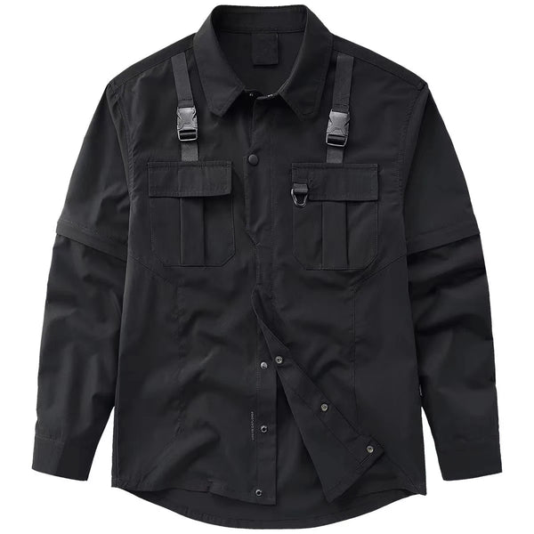 Coal Black Buckles Up Chest Pockets T-Shirt
