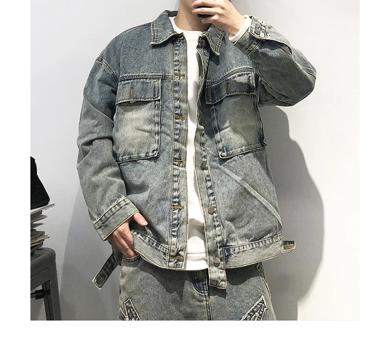 Tied Die Lapel Button Up Jean Jacket ,  - Streetwear Pants - Slick Street