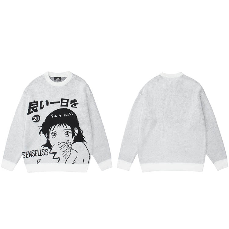 SENSELESS 20 Anime Knit Sweater White, M - Streetwear Sweater - Slick Street