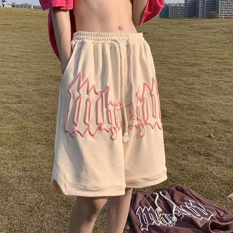Drawstring Letter Printing Casual Loose Shorts Beige, XS - Streetwear Shorts - Slick Street