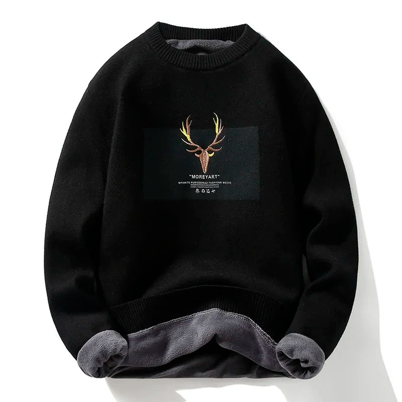 Deer Padded Velvet Pullover Sweater 1239-Black, M - Streetwear Sweater - Slick Street