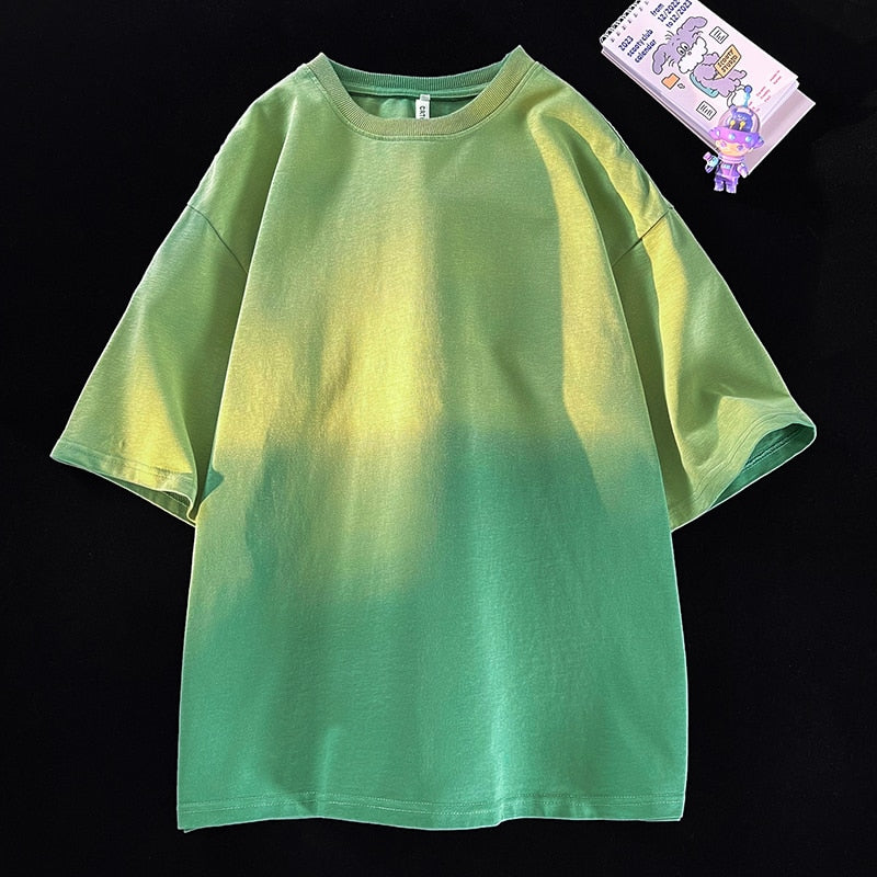 Gradient Washed Color Short Sleeves T-Shirt Green, M - Streetwear T-Shirt - Slick Street
