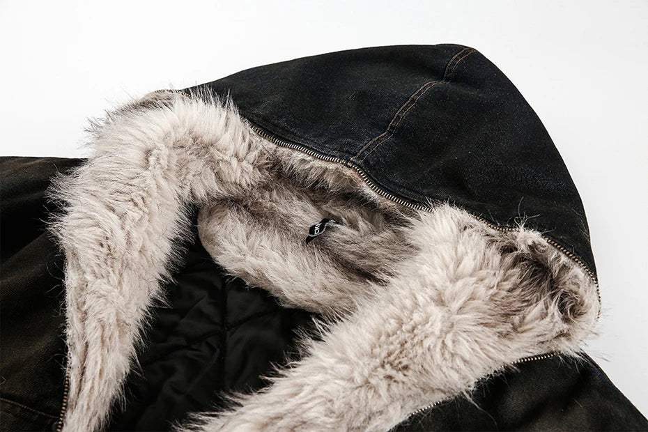 Coal Black Washed Fur Hooded Jacket , - Streetwear Jacket - Slick Street