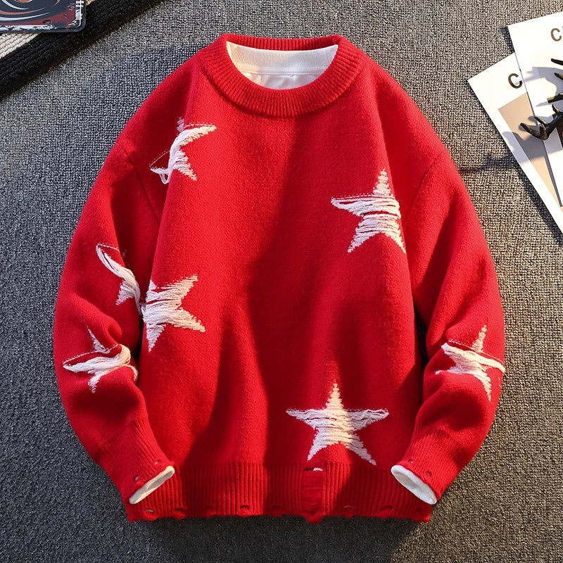 Pentagram Star Shaped Knitted Sweater Red, XS - Streetwear Sweater - Slick Street