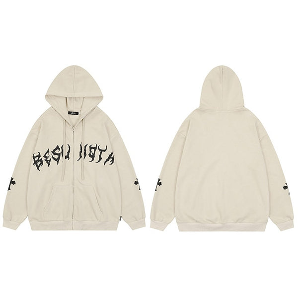 Streetwear Y2K Cross Patch Zipper Hoodie Beige, S - Streetwear Hoodie - Slick Street