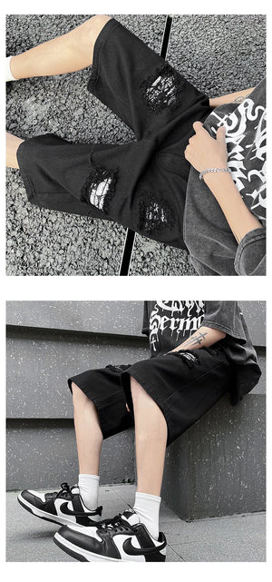 Ripped Hole Patchwork Knee Length Shorts ,  - Streetwear Shorts - Slick Street